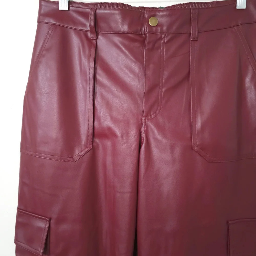 WILD FABLE Faux Leather Burgundy Wine Wide Leg Cargo Pants, Elastic Back Waist - Picture 6 of 16